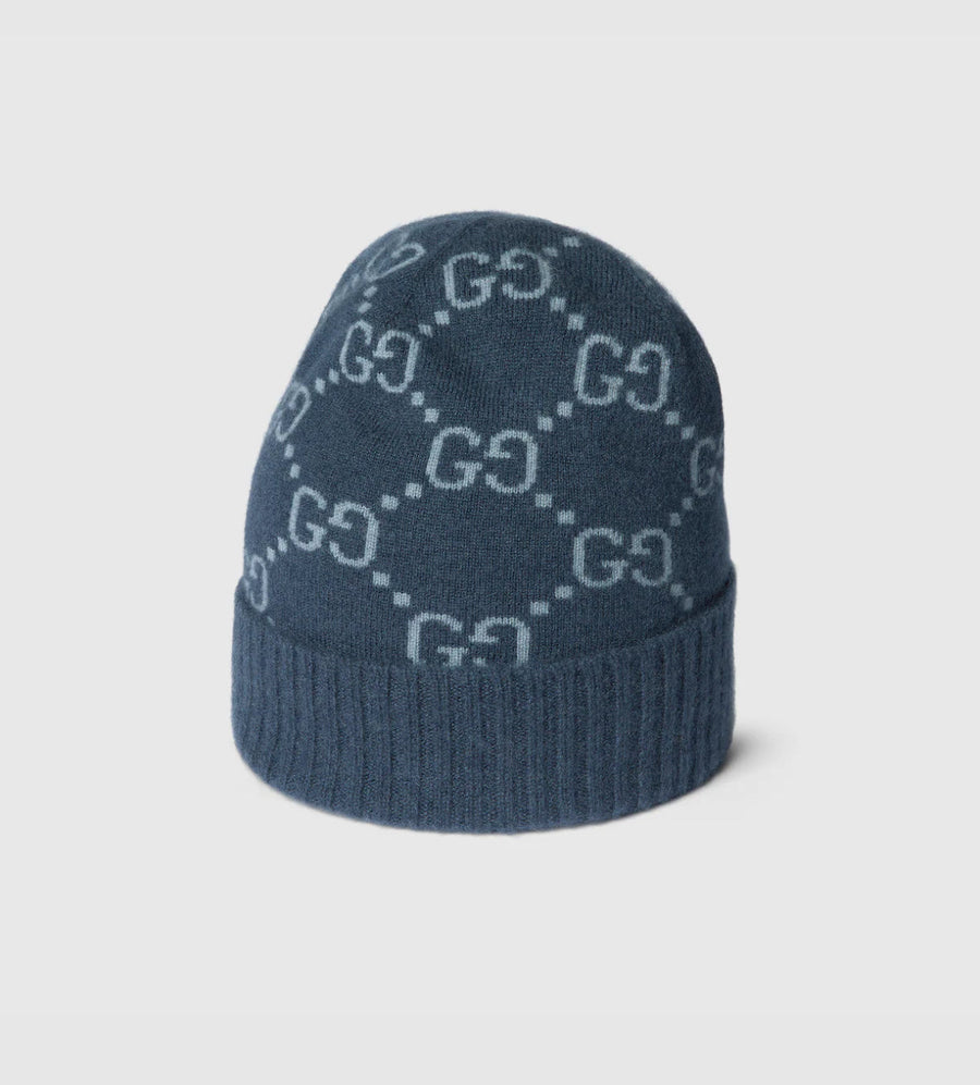 Bonnet en jacquard de cachemire GG bleu marine et bleu clair