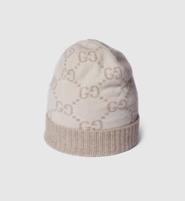Bonnet en jacquard de cachemire GG blanc cassé et beige
