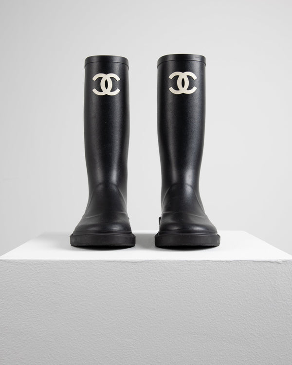Chanel Rainboots in Black with White CC Logo
